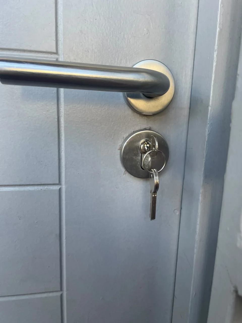 Completed silver door handle and lock fitting